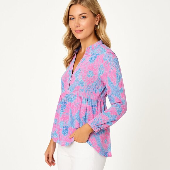 Lilly Pulitzer Babydoll Peplum Tunic, Multi Pink/Blue Reef Print (S) V-Neck - Picture 5 of 11